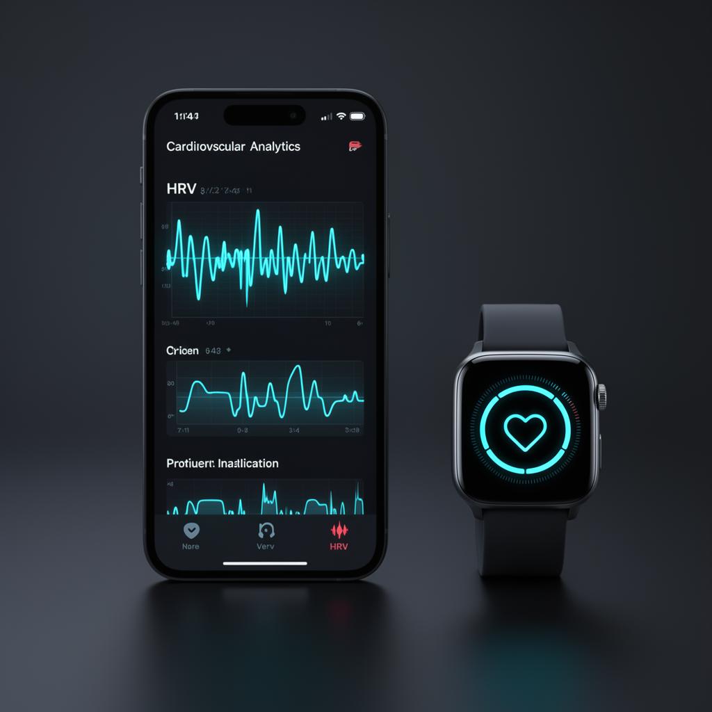 CardioLog cardiovascular analytics dashboard on iPhone and smartwatch